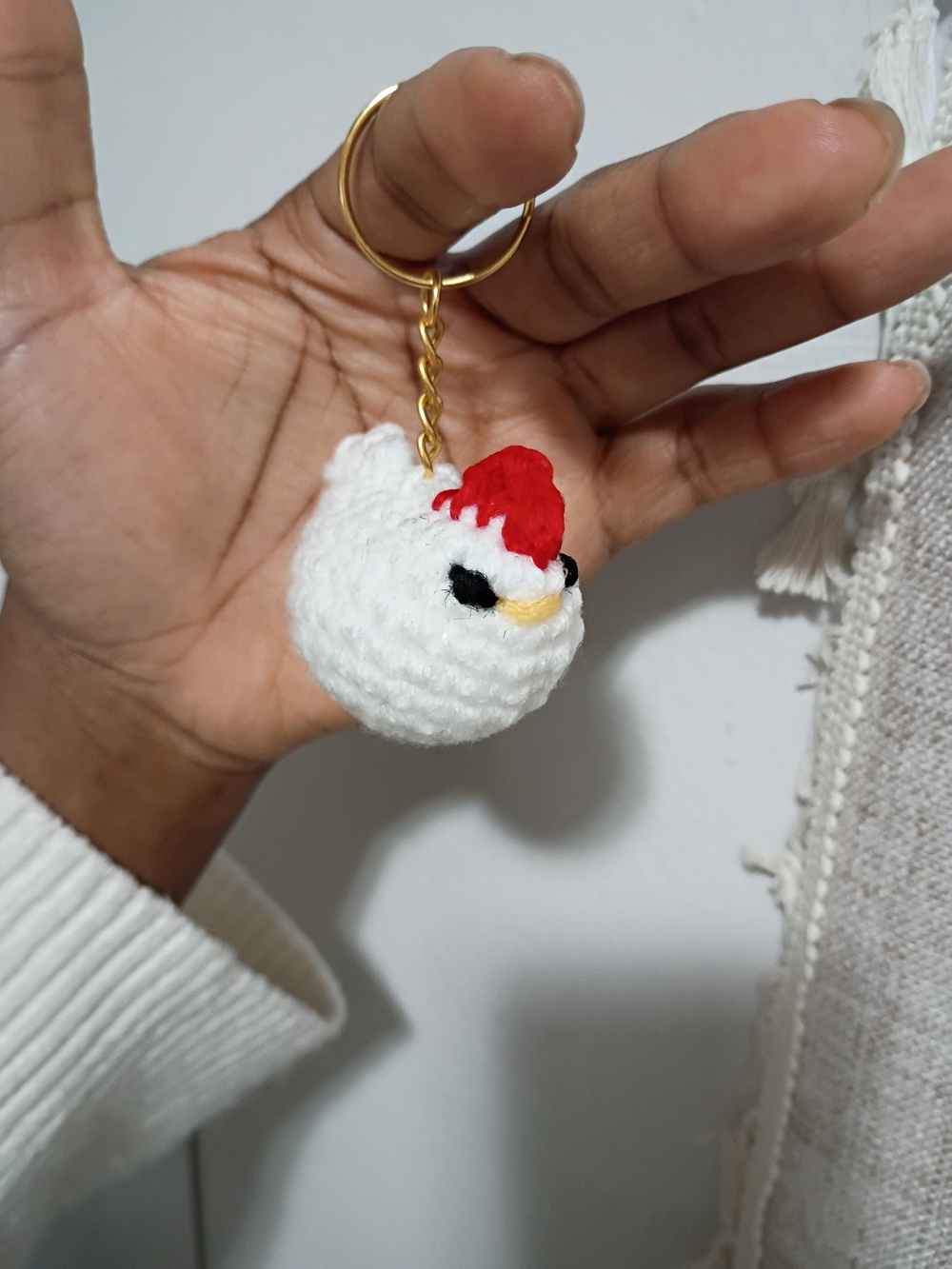 1pc Summer Handmade White & Red Chicken Keychain - Cute Crochet